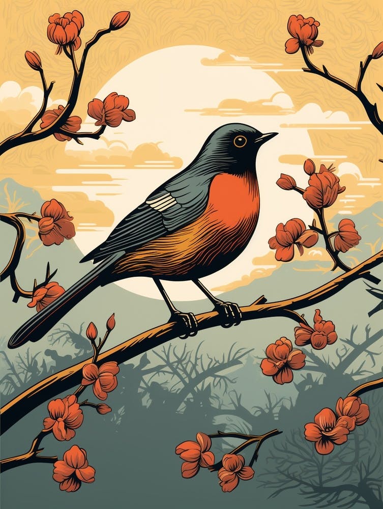 Vintage Bird Linocut Robin 1