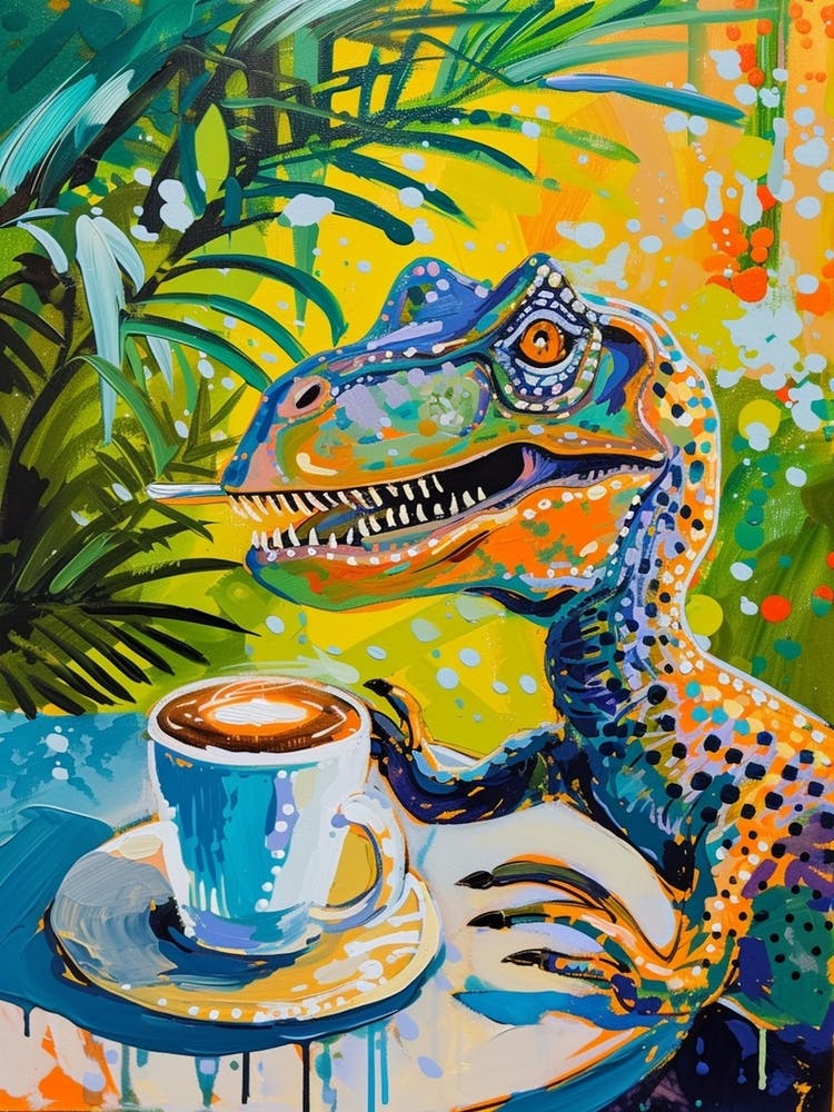 Dinosaur Drinking Coffee Blue Orange Brushstroke 1