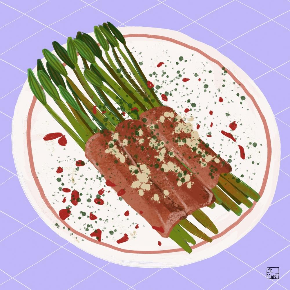 Wild Asparagus On Checkered Tablecloth Square