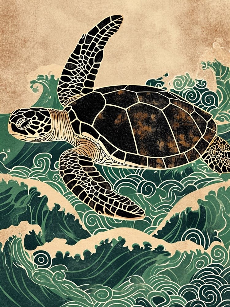 Sea Turtle & The Waves Vintage Illustration 4