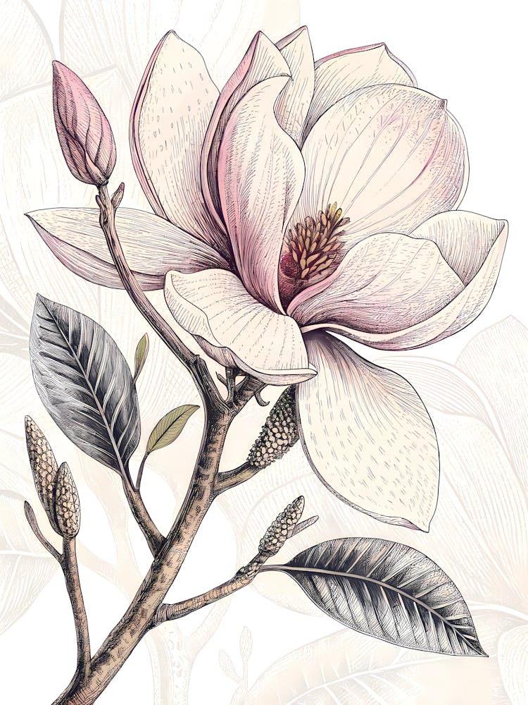 Vintage Magnolienblüte Feder- und Tusche-Blumenillustration