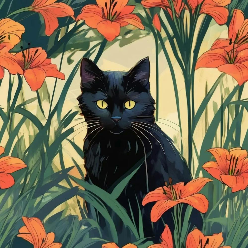 Black Cat In Orange Flowers