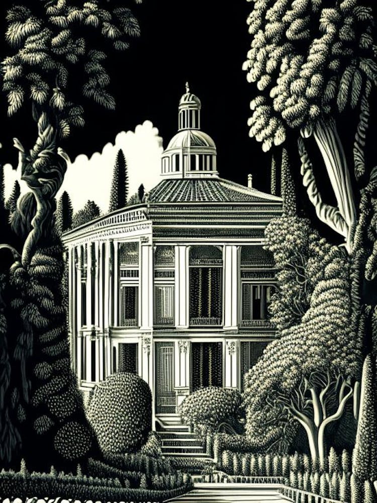 Villa Medici, Italy Linocut Black And White Vintage