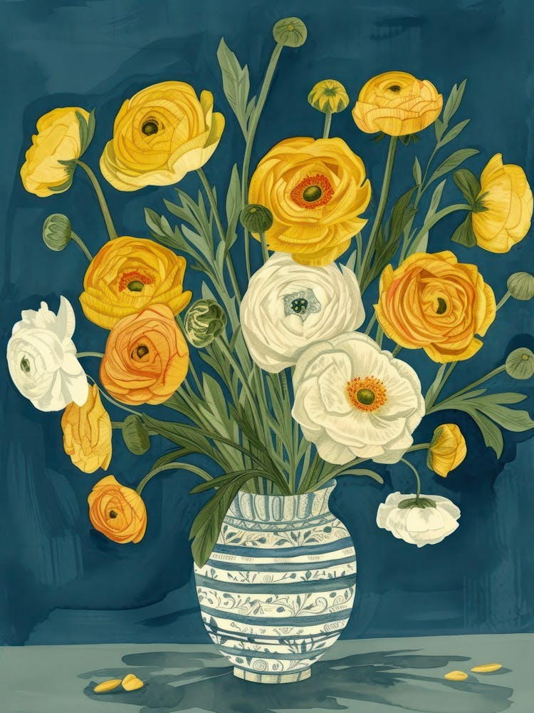 Ranunculus Flowers On A Table   Contemporary Illustration 4