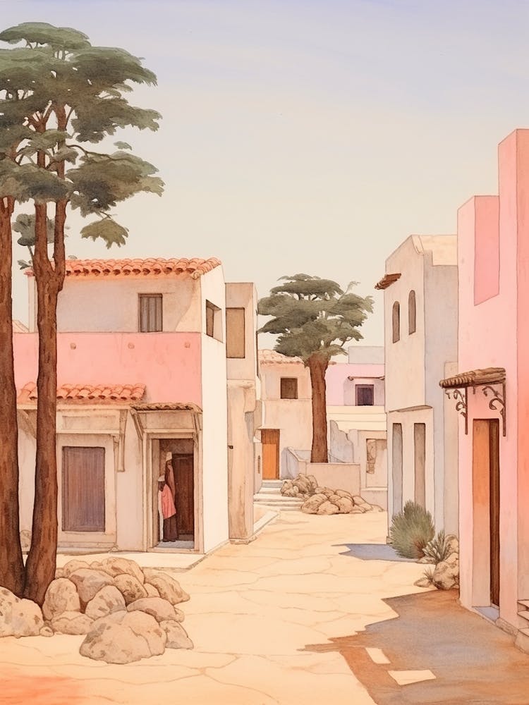 Paphos Cyprus 4 Vintage Pink Travel Illustration