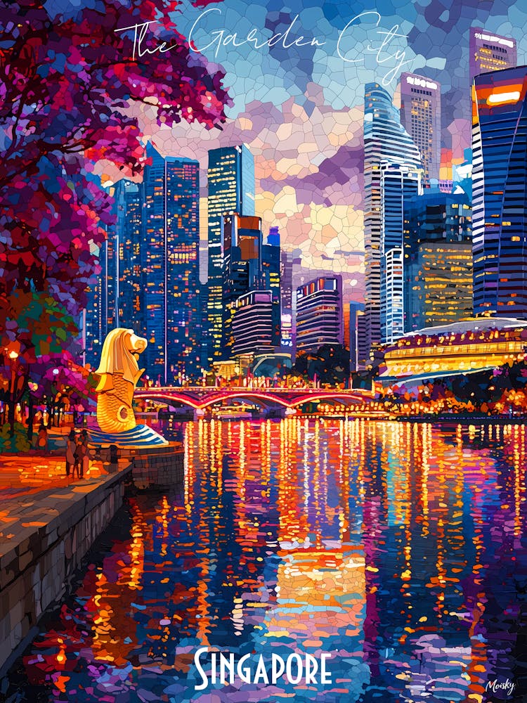 Singapore Skyline, abstrakter Kubismus, lebendiges Poster