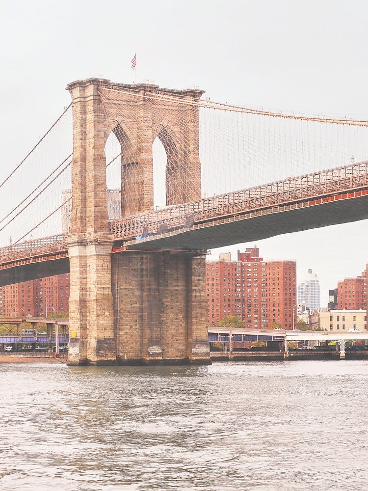 New York, USA I Brooklyn bridge retro vintage view with panoramic views of the Manhattan skyline and the Hudson River with the historic industrial brick architecture photography of new yorker loft building