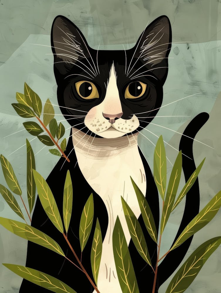 Black Cat With Green Leaves