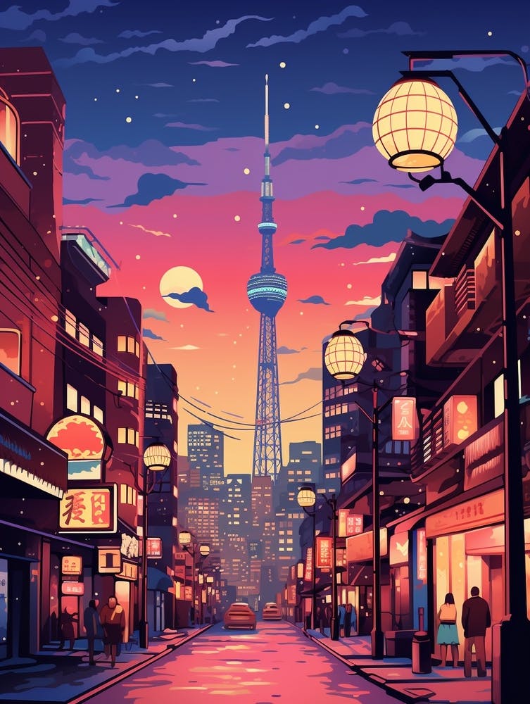 Winter Travel Night Illustration Tokyo Japan 3