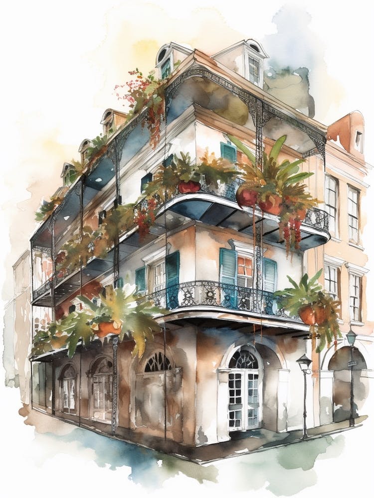 French Quarter New Orleans Neighborhood, Aquarelle 2