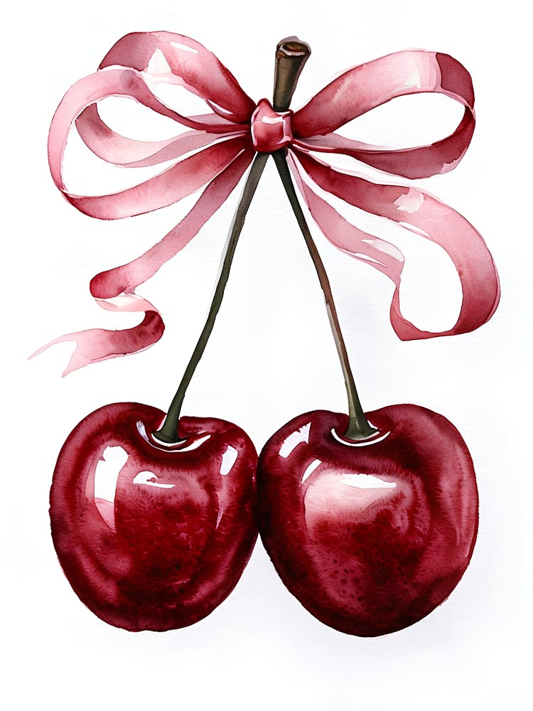 Glossy Red Cherries With Ribbon