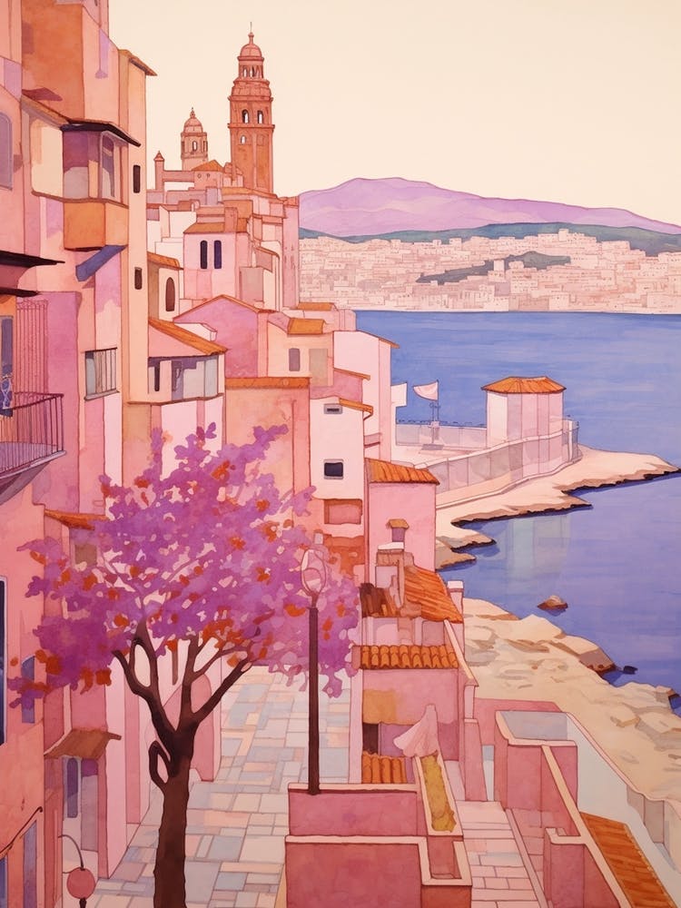 Cartagena Spanien 4 Vintage Pink Reiseillustration