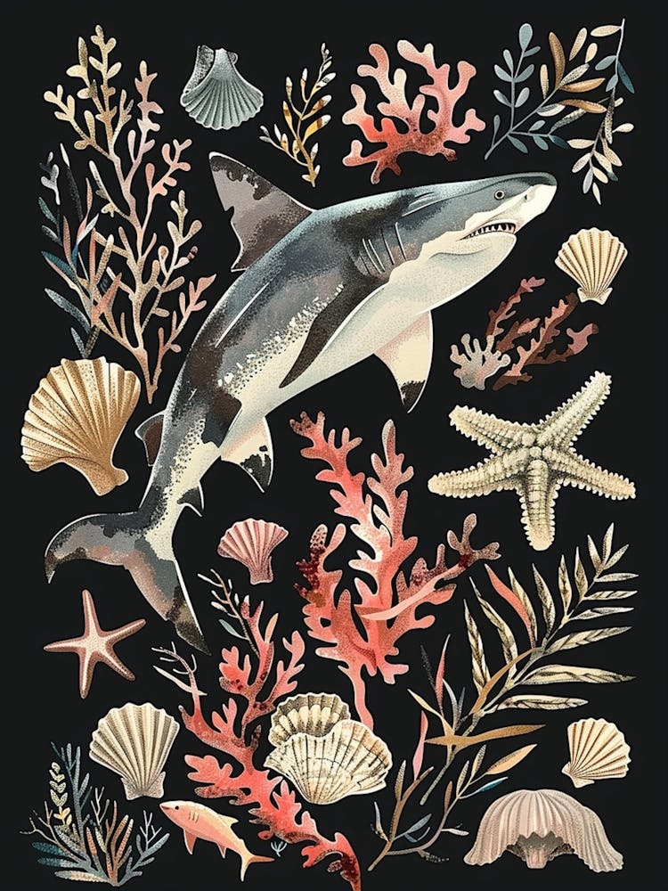 Lemon Shark Seascape Black Background Illustration 2