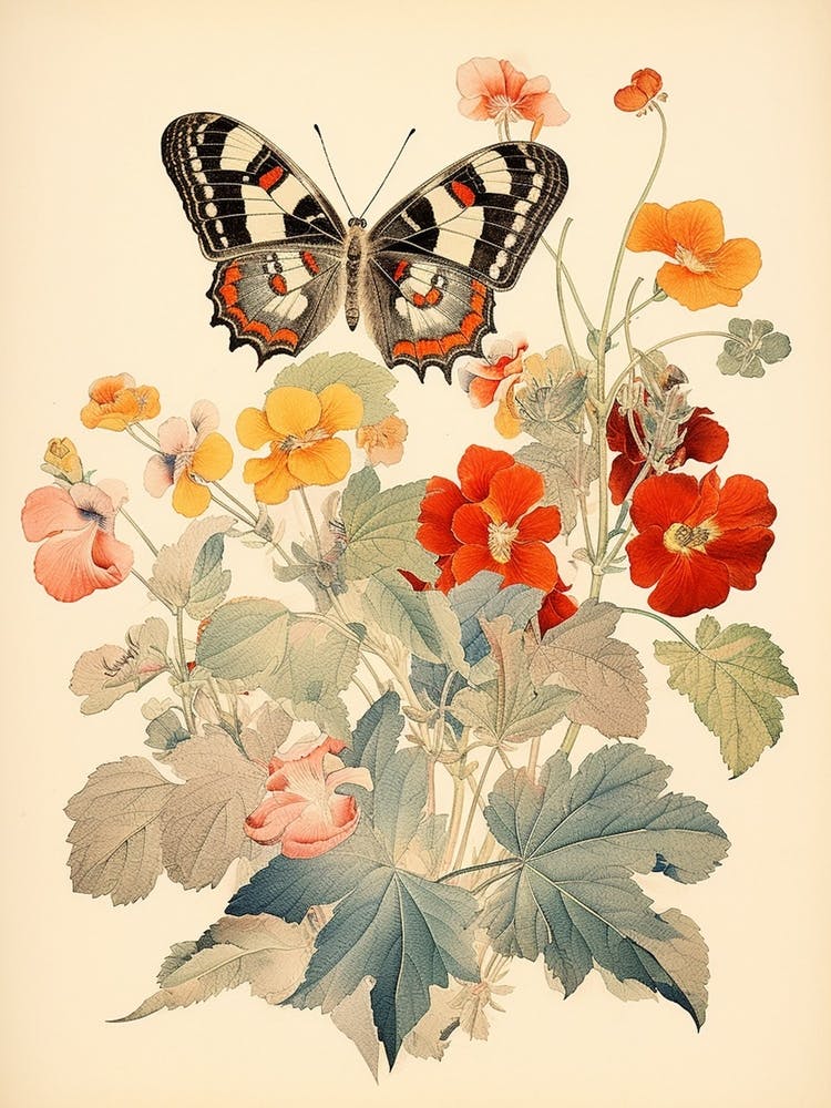 Japanese Style Painting Of A Butterfly With Flowers 5