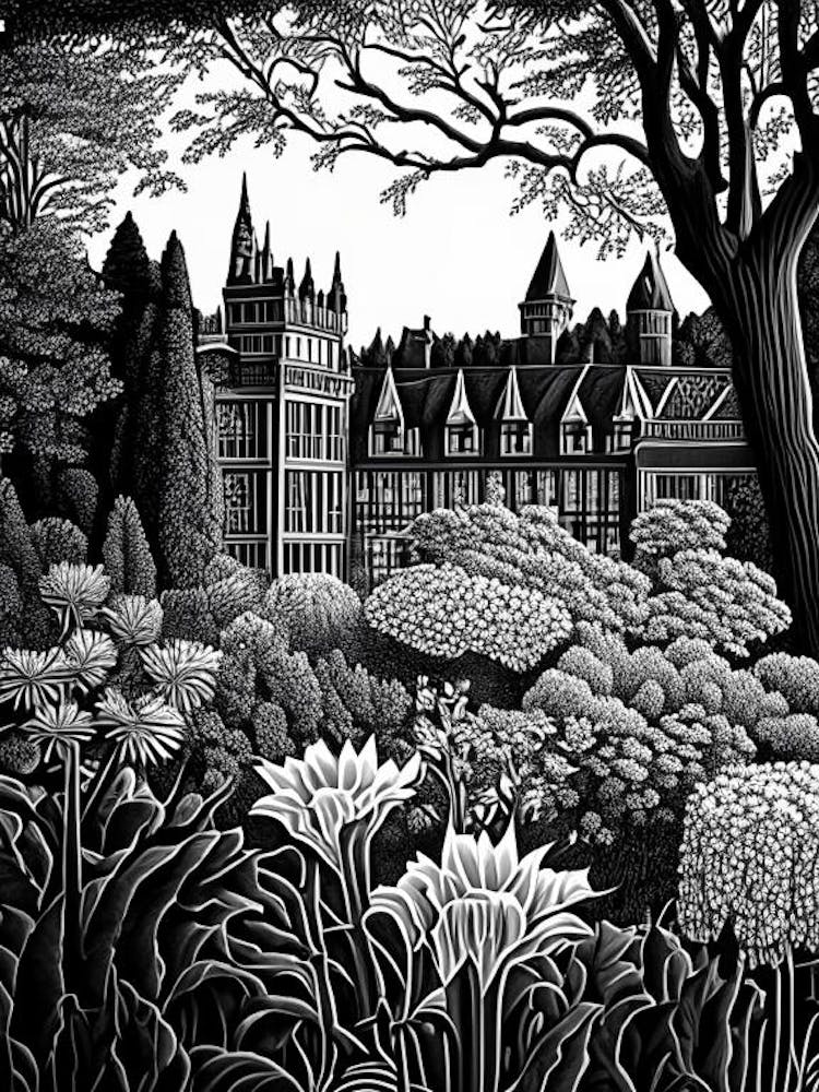 Biltmore Estate Gardens, USA Linolschnitt Schwarz und Weiß Vintage