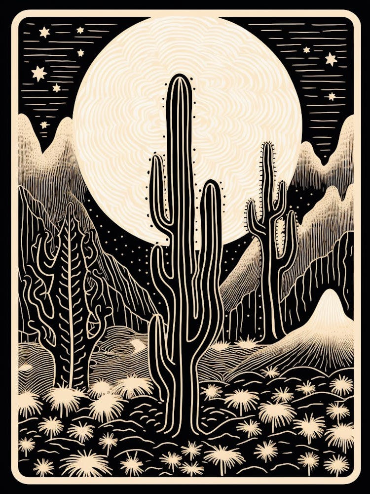 B&W Cactus Illustration Moon Cactus 3
