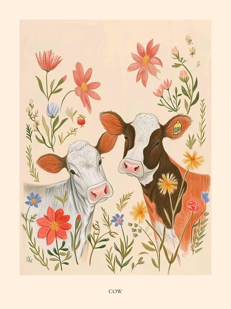 Folksy Floral Animal Drawing Cow Poster