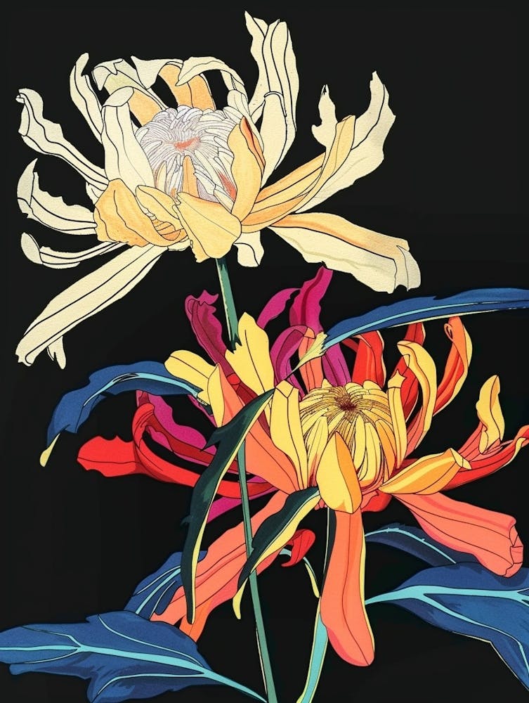 Neon Flowers On Black Chrysanthemum 4