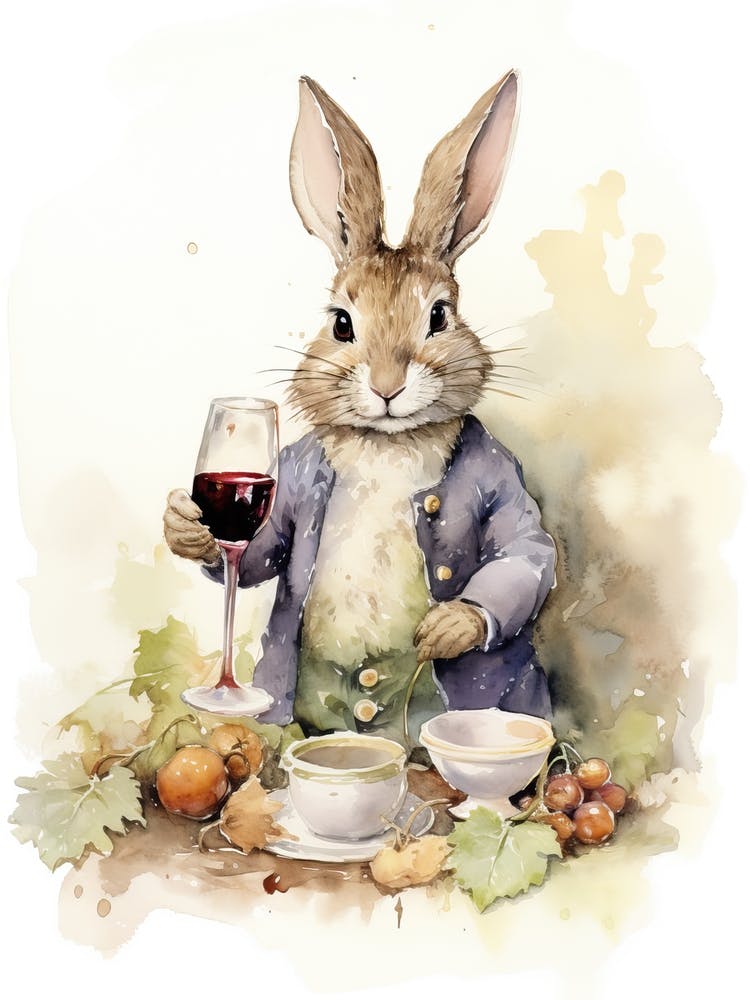 Bunny Tasting Wine Rabbit Prints Watercolour 2
