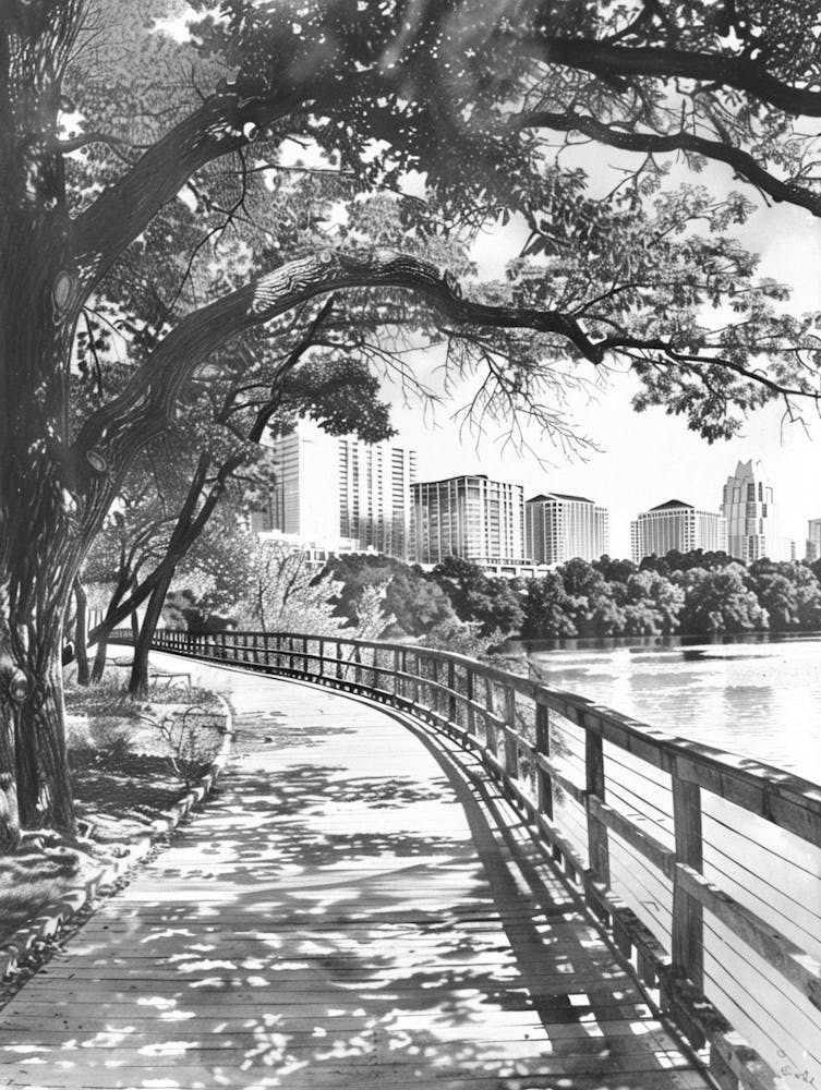 Lady Bird Lake And The Boardwalk Austin Texas Black And White Watercolour 2