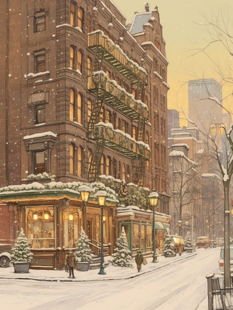 Vintage Winter Illustration New York City Usa 5