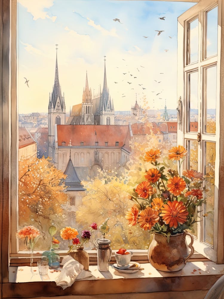 Window View Of Bratislava Slovakia In Autumn Fall, Watercolour 1