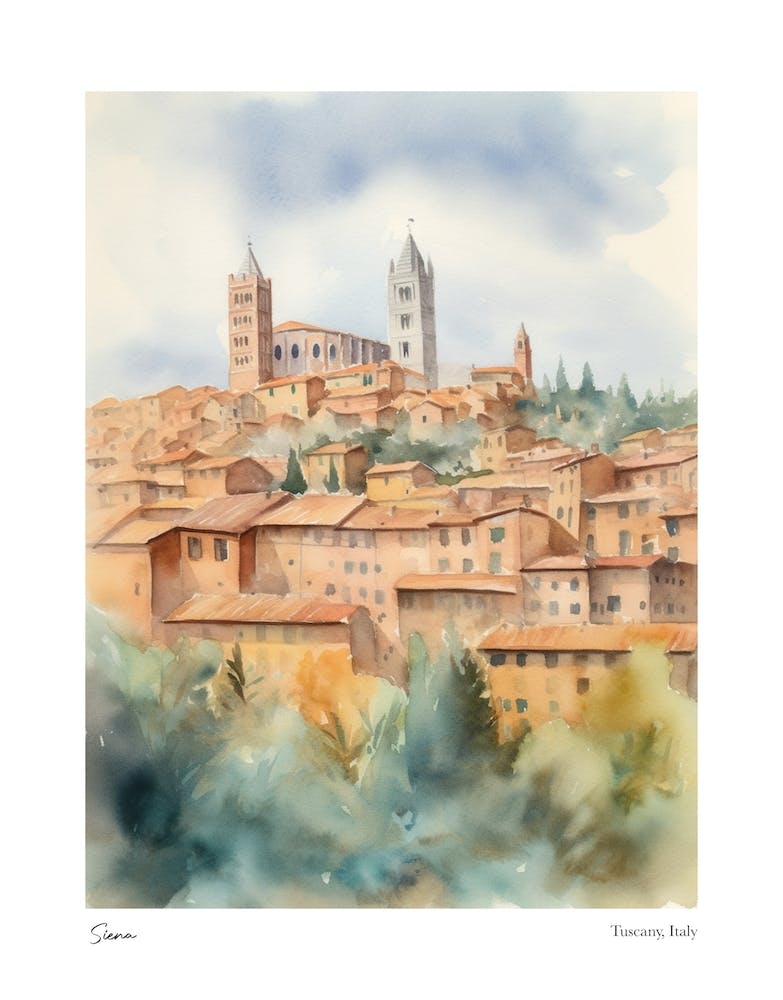 Siena, Tuscany, Italy 6 Watercolour Travel Poster