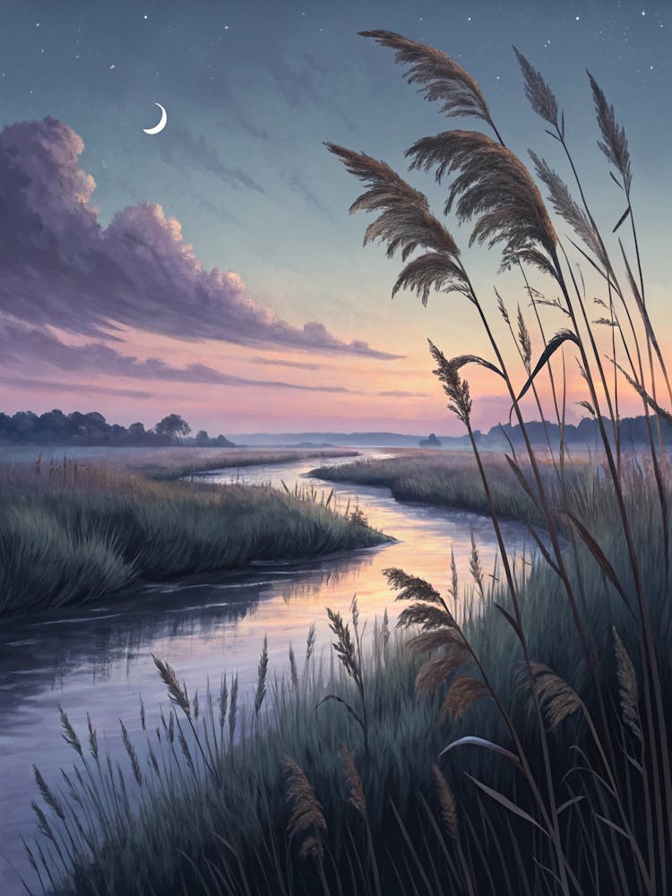 Oil Painting Style Twilight Over Minimalist Marsh