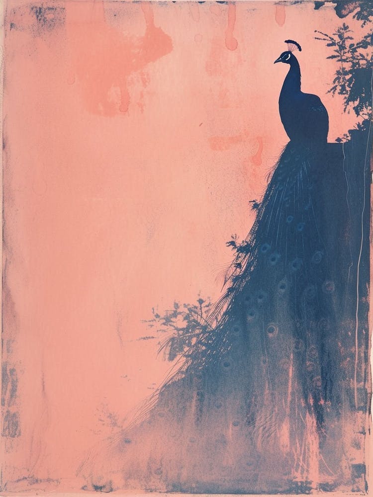 Pink & Blue Peacock Portrait Cyanotype Style   3