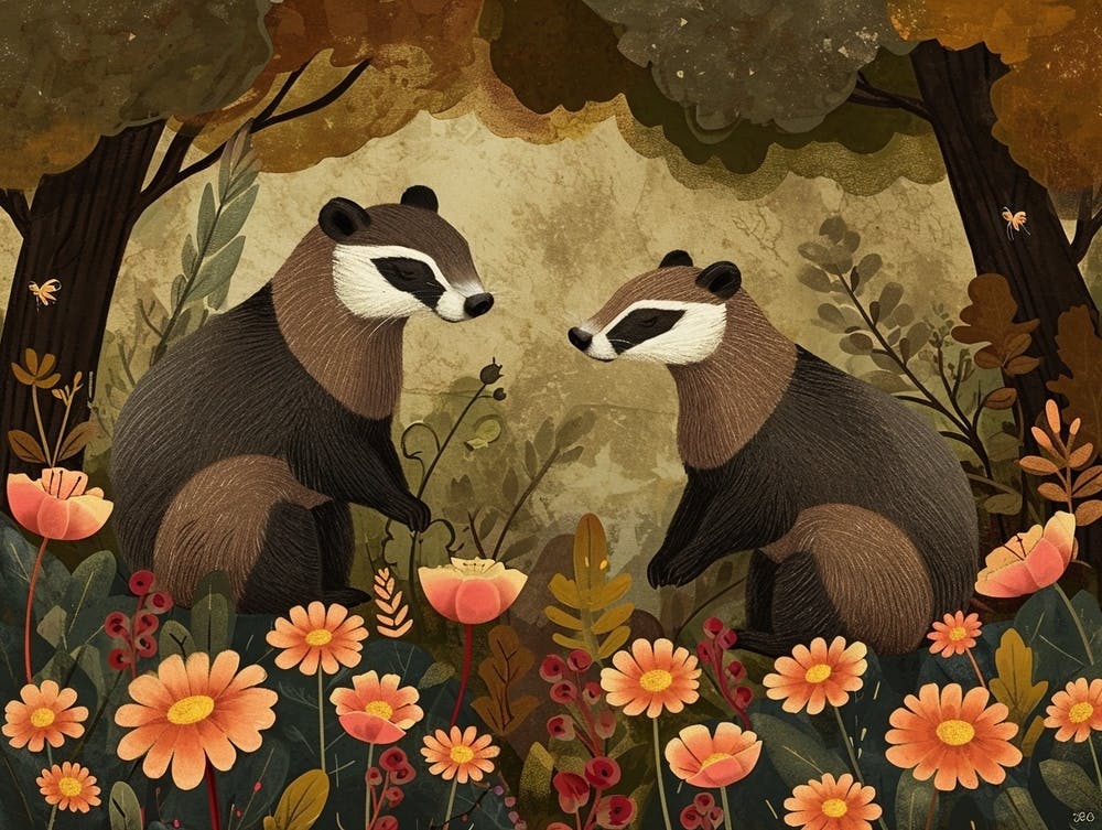 Floral Animal Illustration Badger 2