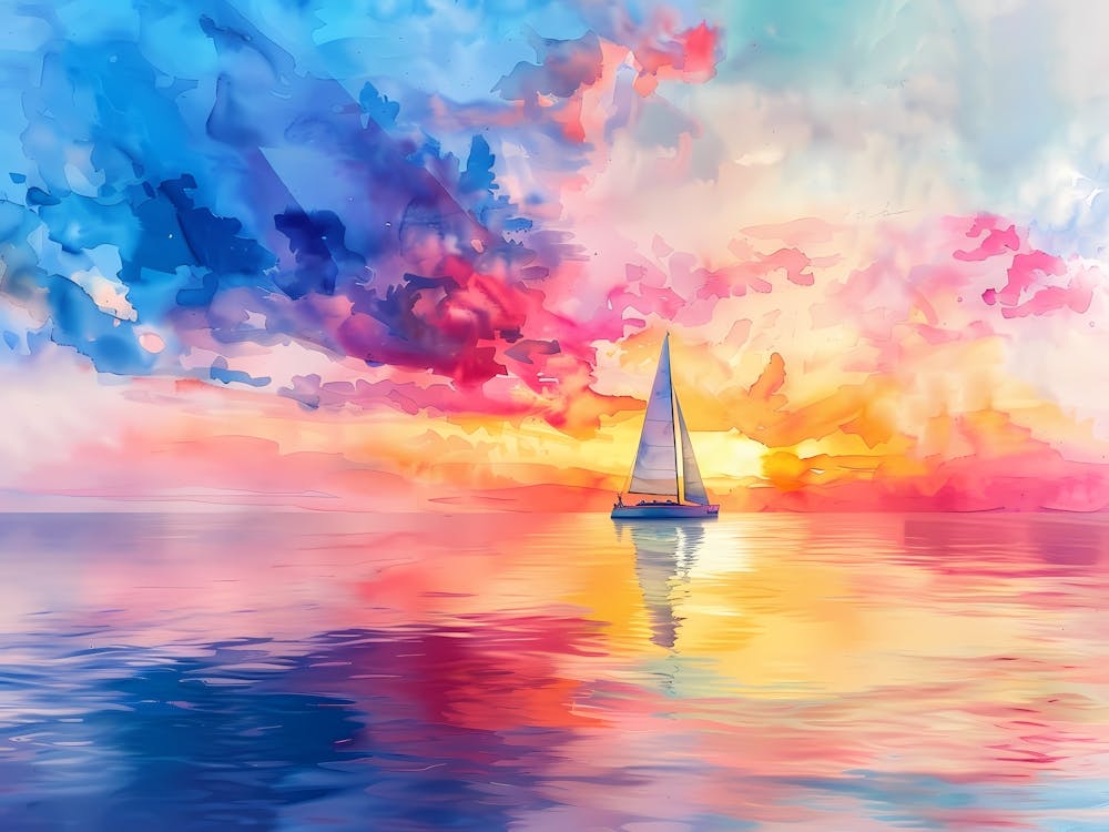 Watercolor Sailboat At Sunset 12
