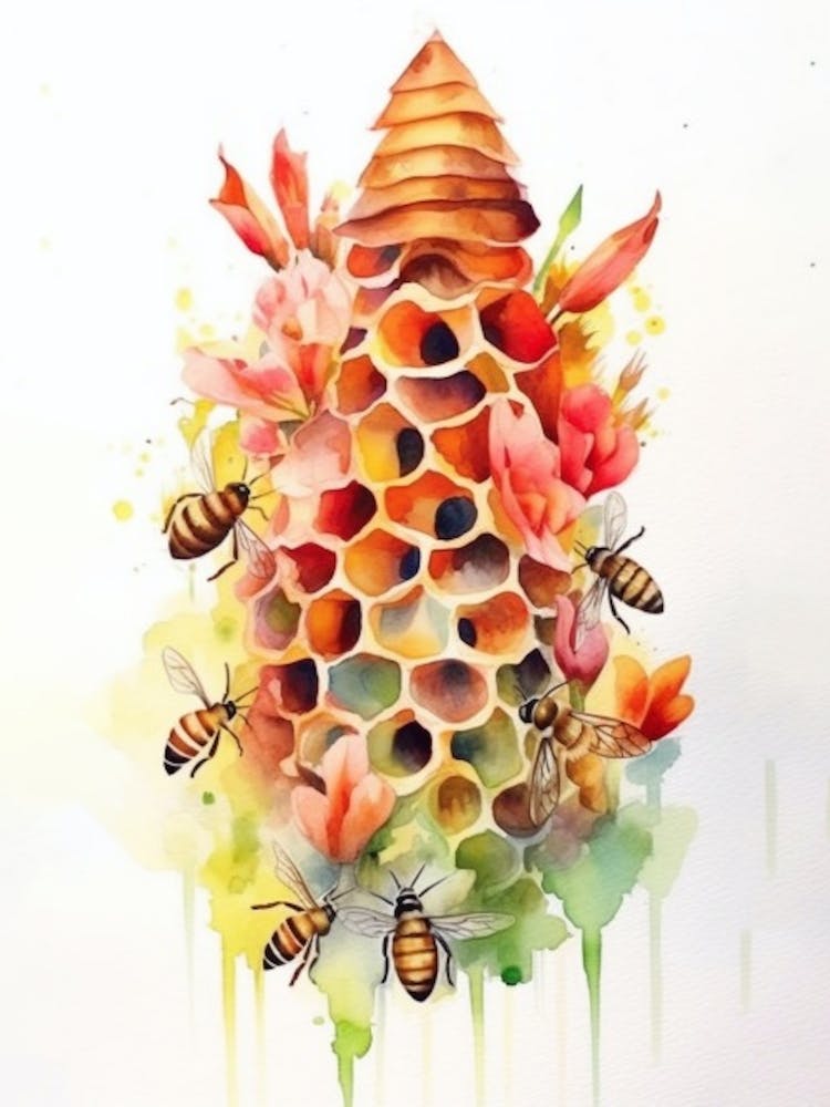 Beehive With Gladioli Watercolour Illustration 3