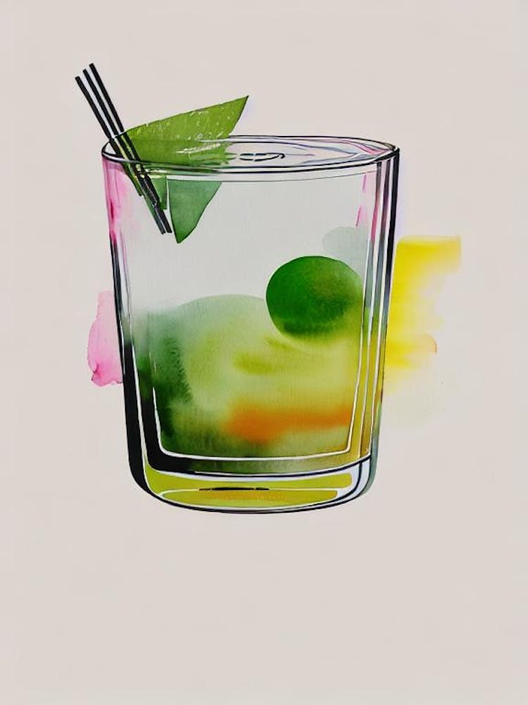 Japanese Minimal Line Drawing With Watercolour Cocktail Poster