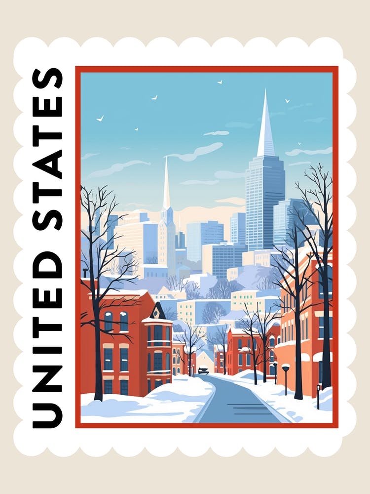 Retro Winter Briefmarkenposter Boston Usa 2