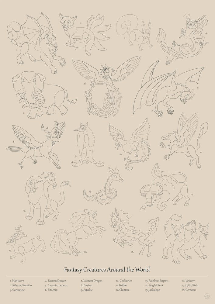 Fantasy Creatures Around The World Line Drawing