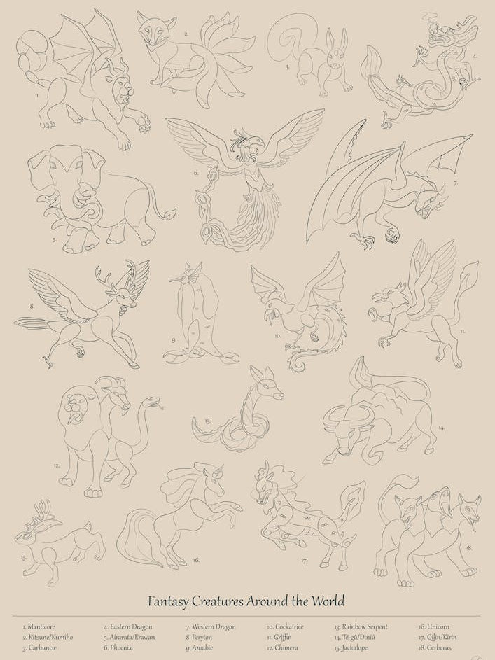 Fantasy Creatures Around The World Line Drawing
