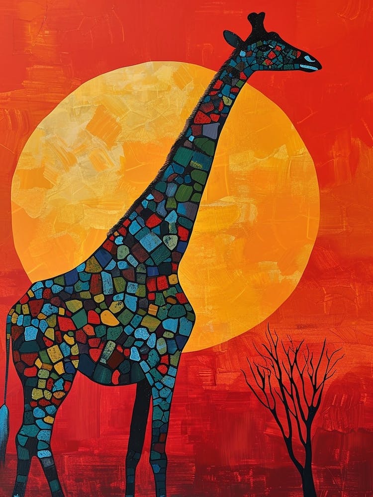 Giraffe In The Red Sunset Brushstroke Style 3