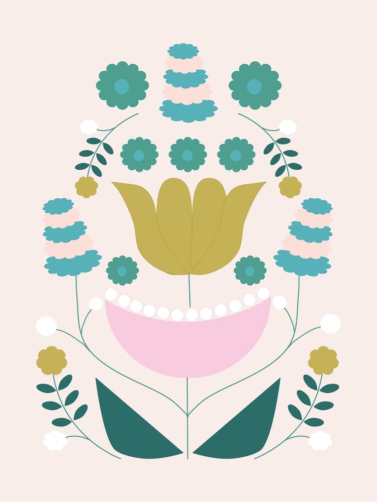 Mustard Pink And Green Retro Flower Composition