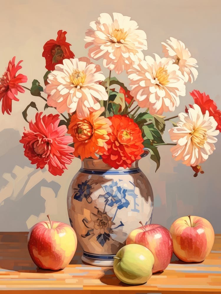 Zinnia Flower And Peaches Still Life Painting 4 Dreamy