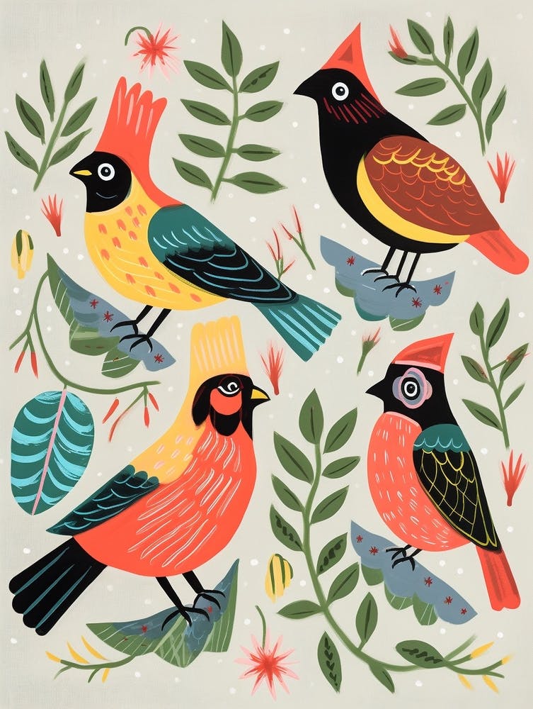Folk Style Bird Painting Northern Cardinal 3