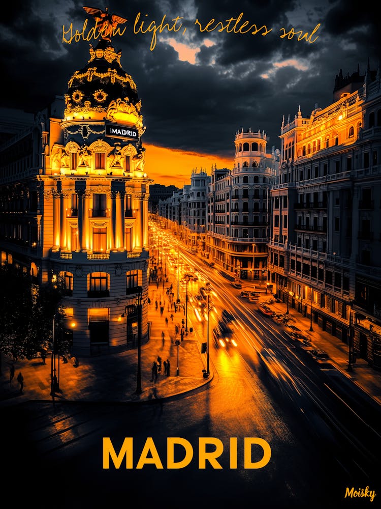 Madrid Skyline Charcoal Monochrome Art Urban Poster