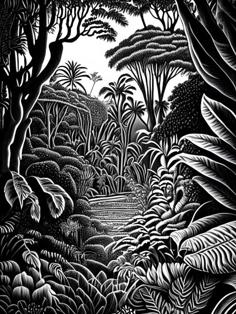 Jardín Botánico Nacional, Dominican Republic Linocut Black And White Vintage