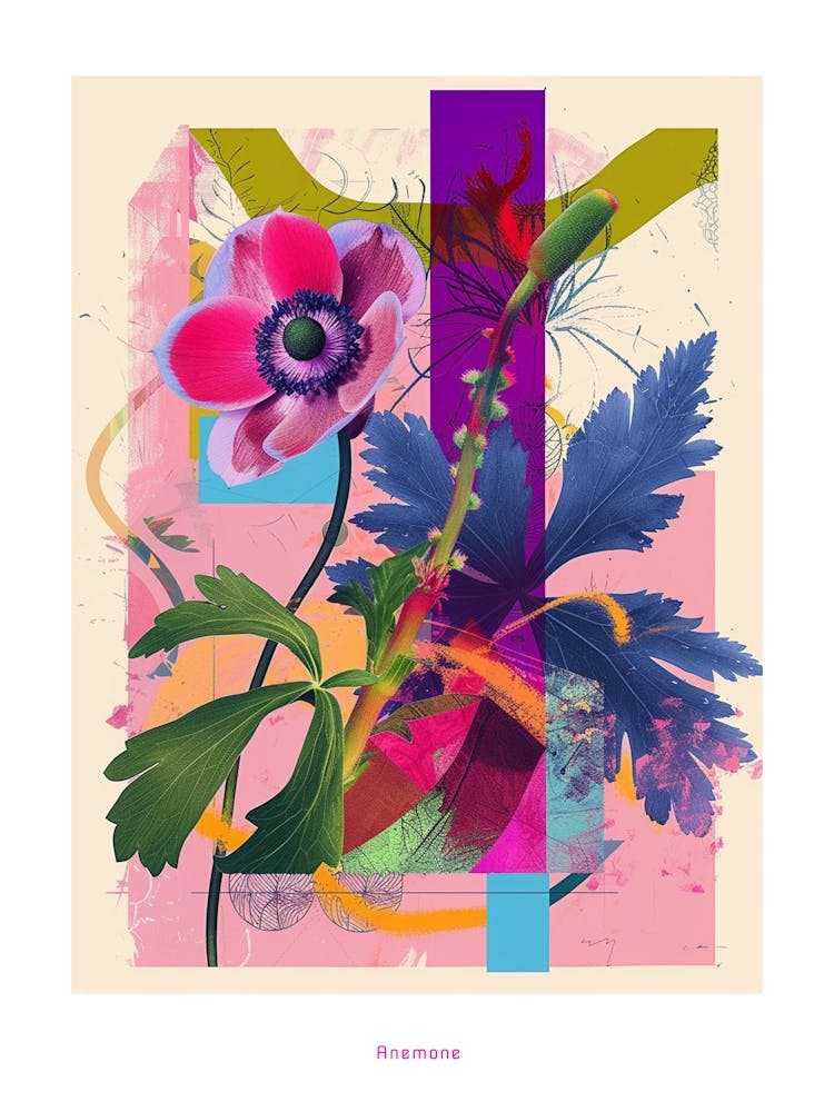 Anemone 4 Neon Flower Collage Poster