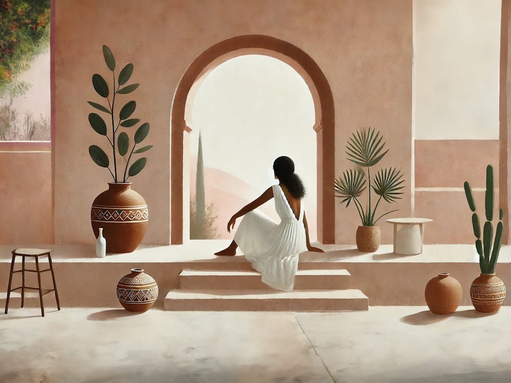 A Serene And Minimalistic Oil Painting Featuring A Woman With Dark Hair