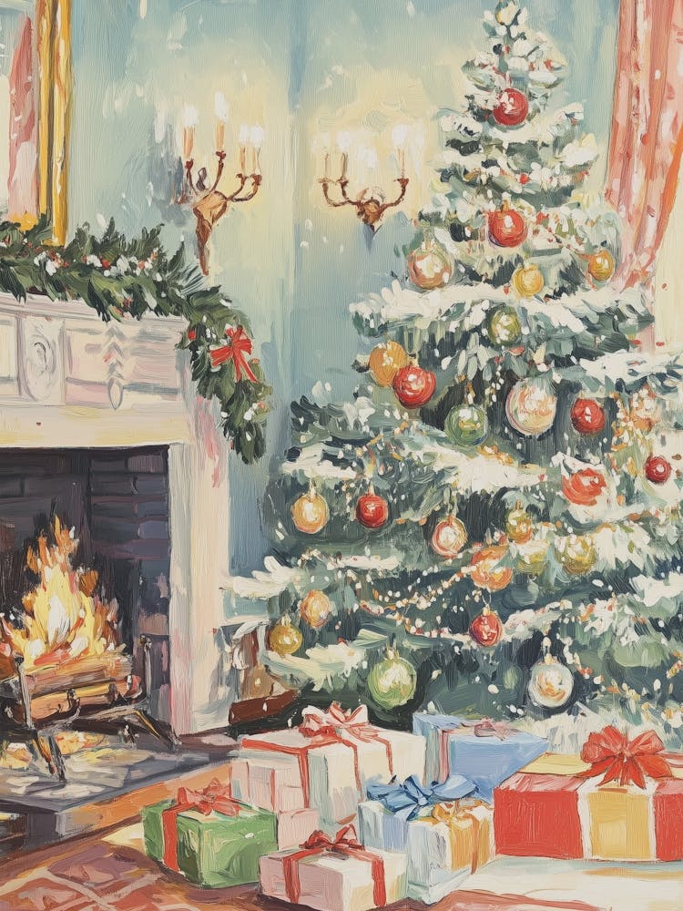 Christmas Tree In Front Of Fireplace