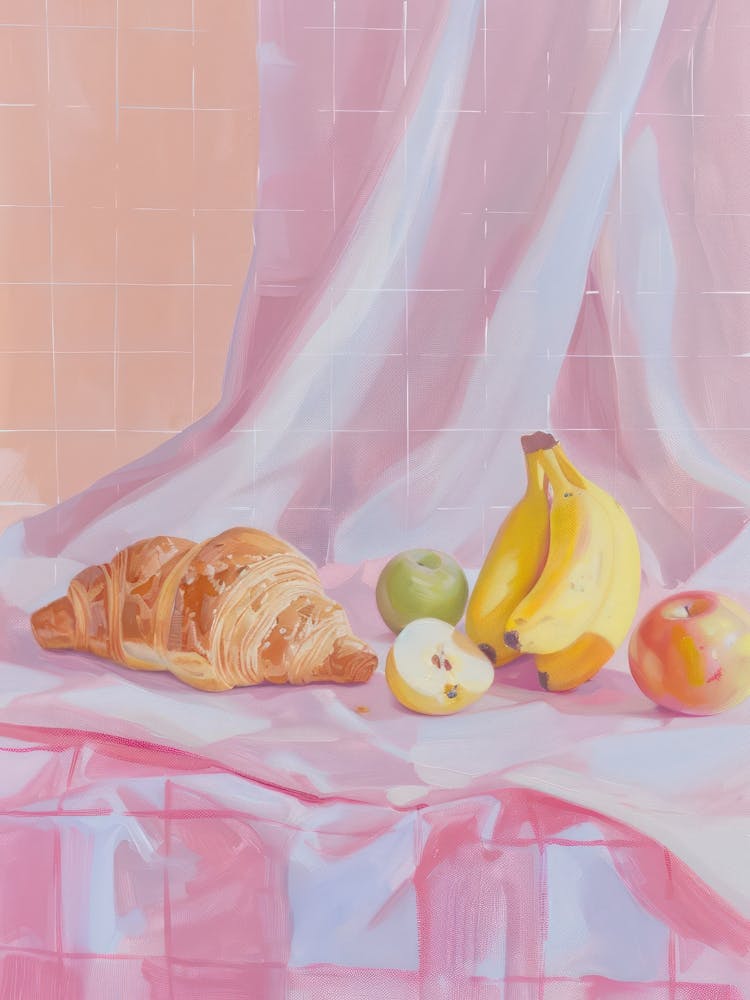 Pink Breakfast Food Bread, Croissants And Fruits 4