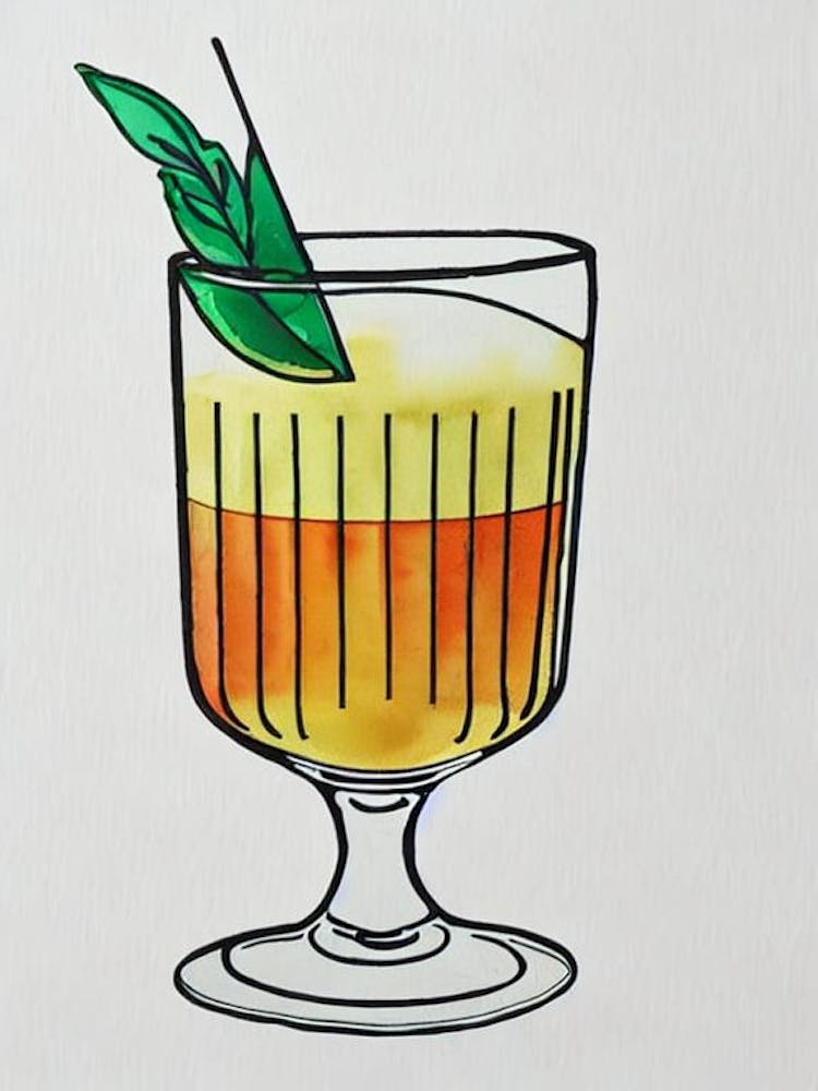 Whiskey Sour Minimal Line Drawing With Watercolour Cocktail Poster