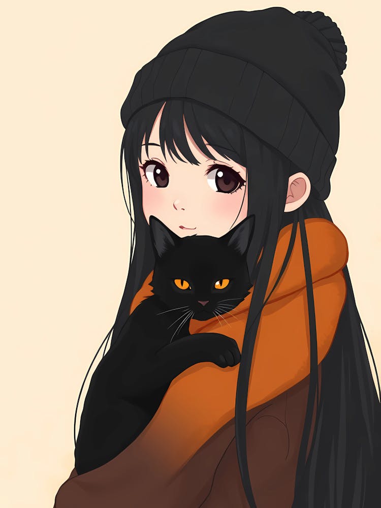 Anime Girl With Black Cat