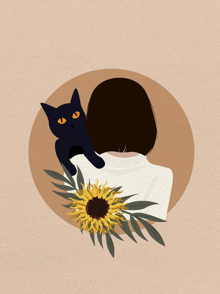 Minimal art illustration Black Cat And Sunflower