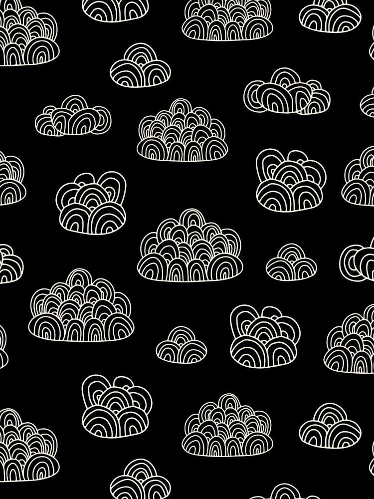 Fluffy Abstract Doodle Line Art Clouds White on Black